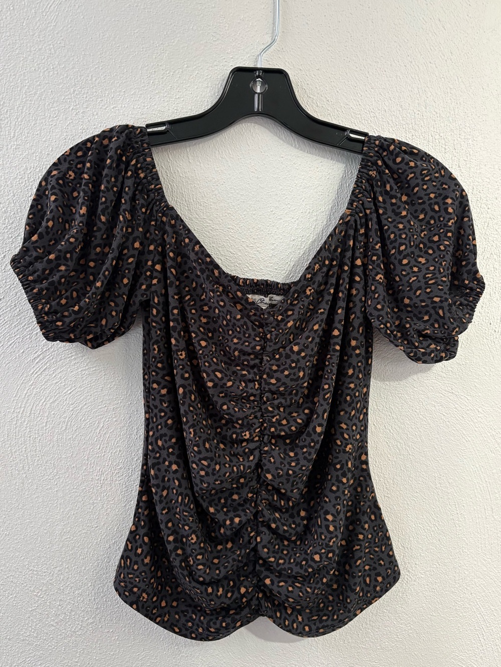 Express One Eleven Grey and Brown Leopard Puff Sleeve Top